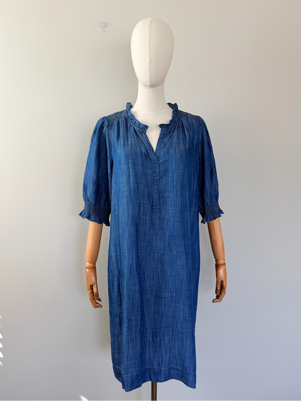 Talbots Chambray Tencel Shift Dress Blue Ruffle Sleeve Size L NWT - Picture 7 of 14